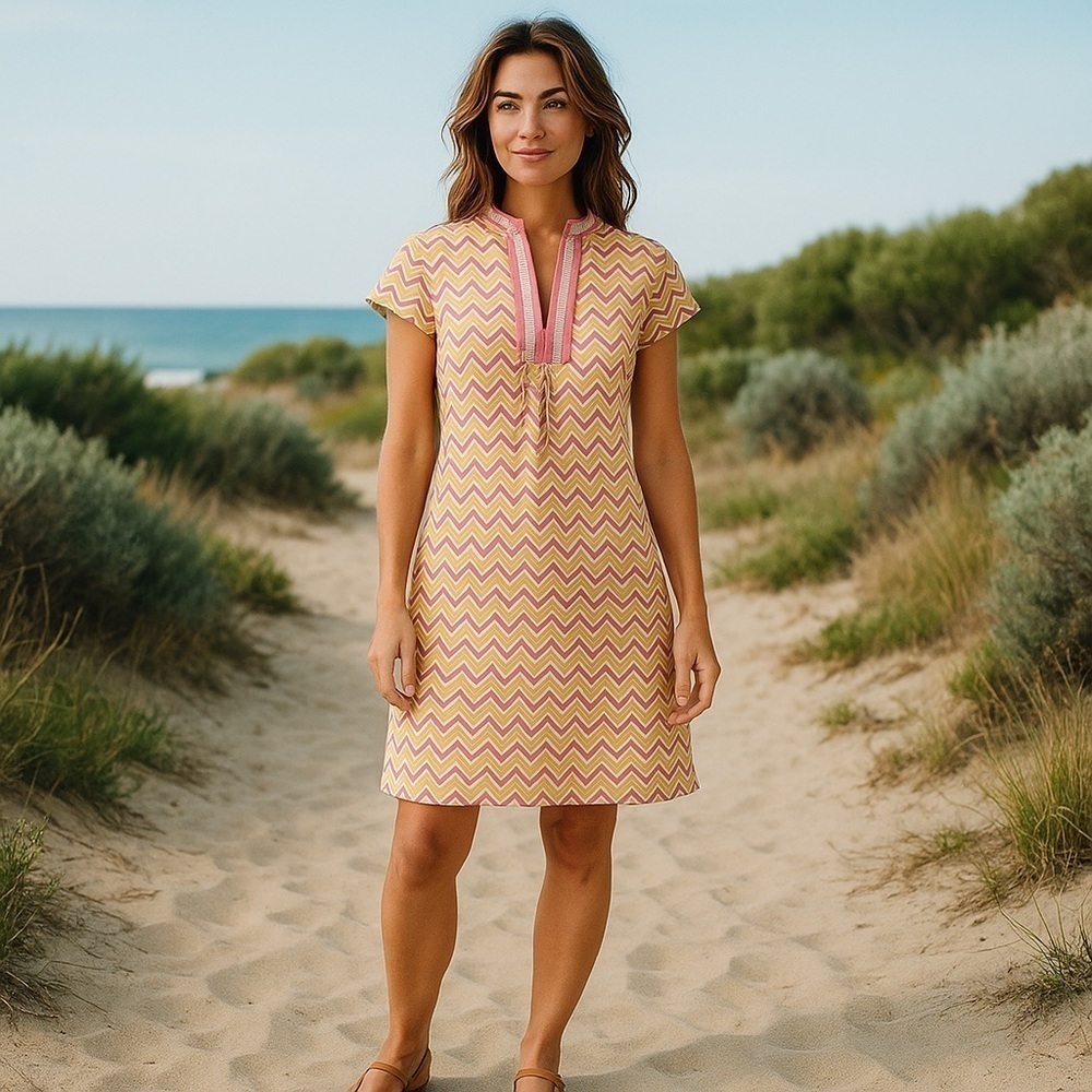 ELIZABETH MCKAY ZIG ZAG STRIPE CAP SLEEVE TUNIC STYLE SHEATH DRESS
